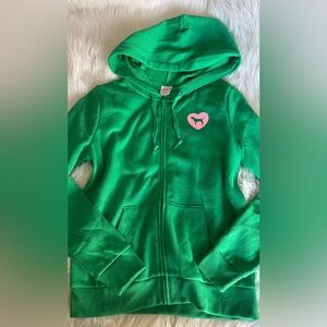 PINK Victoria's Secret Green Zip Hoodie with Pink Heart Sz: S